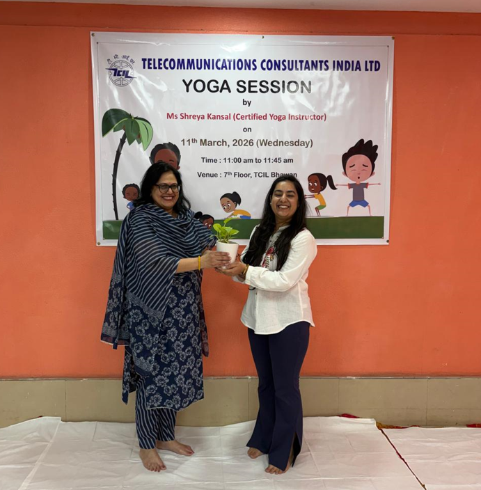 In a series of initiatives to bolster the mental and emotional wellness of our human resources, TCIL organized a yoga session at TCIL Bhawan on 11-03-2026. The session was delivered by Ms. Shreya Kansal, a certified Yoga Instructor from Art of Living